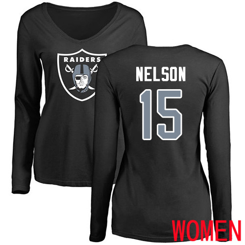 Oakland Raiders Olive Women J  J  Nelson Name and Number Logo NFL Football #15 Long Sleeve T Shirt